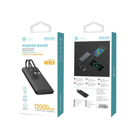 Akupank 12000mAh - Sisseehitatud taskulambiga, Type-C