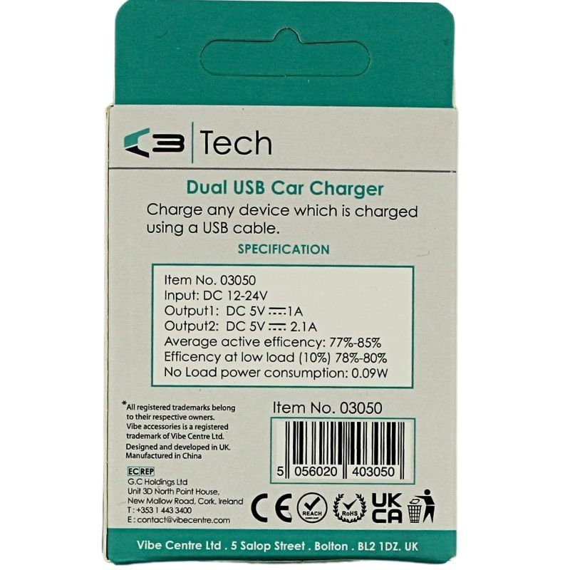 C3 Tech kahe USB pordiga autolaadija