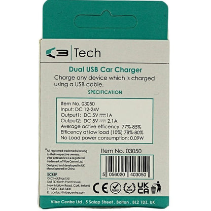 C3 Tech kahe USB pordiga autolaadija